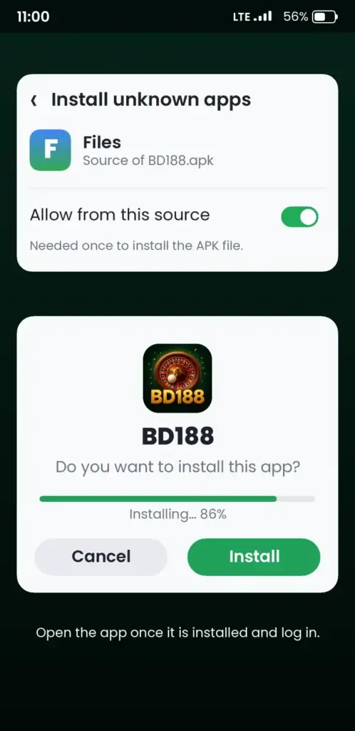 BD188 APK install screen on Android – allow unknown apps and tap Install