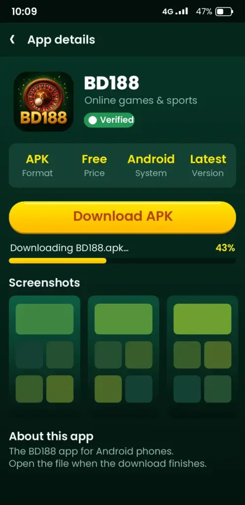 BD188 app download screen with the Download APK button on Android