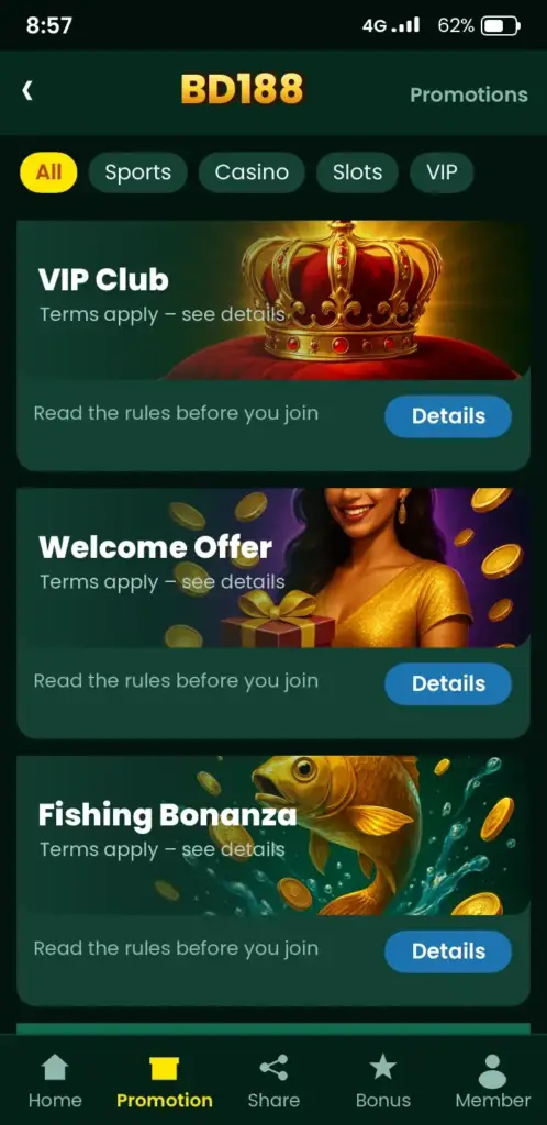 BD188 bonus and promotions screen in the app