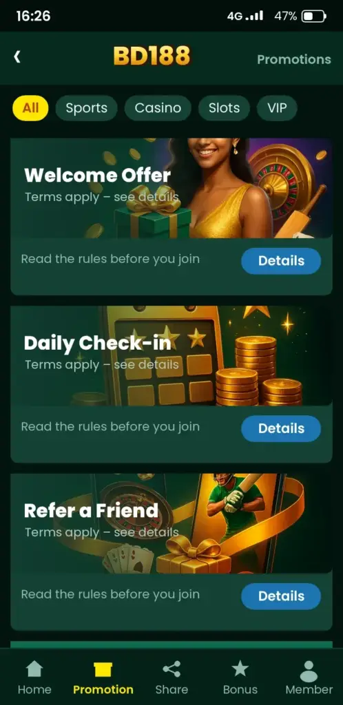 BD188 bonus and promotions screen in the app