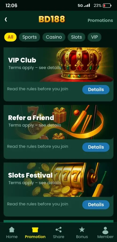 BD188 bonus and promotions screen in the app