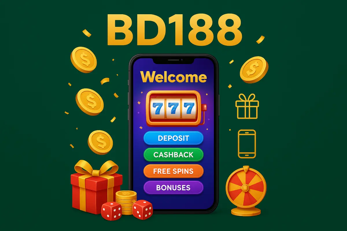 BD188 (BD BD188 Games) bonuses on a phone with a gift box, coins, spin wheel and checklist