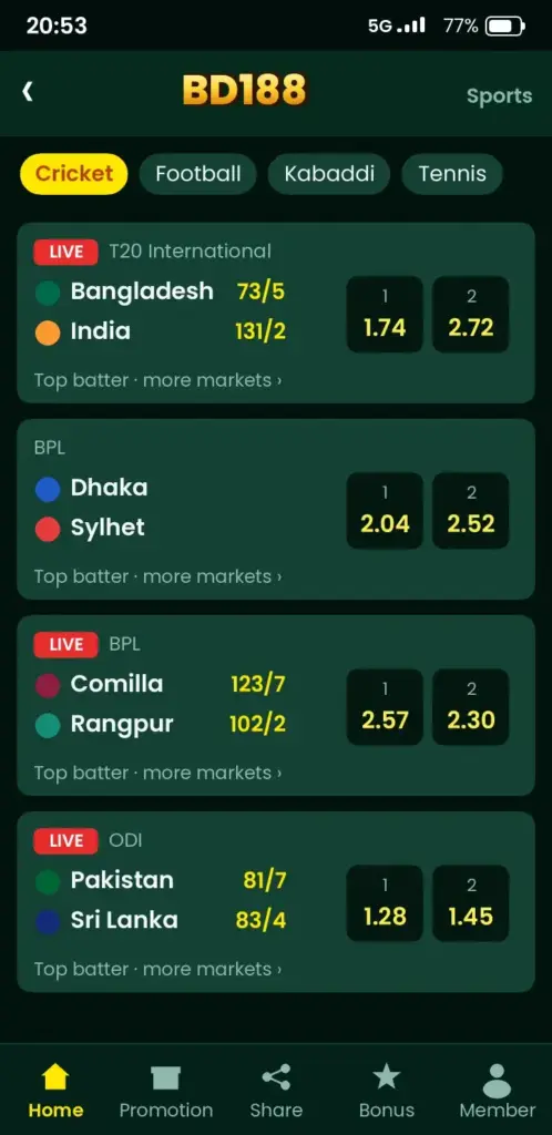BD188 sports betting screen with live cricket matches and odds