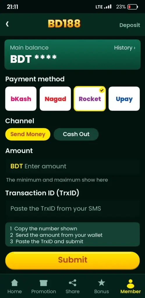 BD188 deposit screen with bKash, Nagad and Rocket payment methods