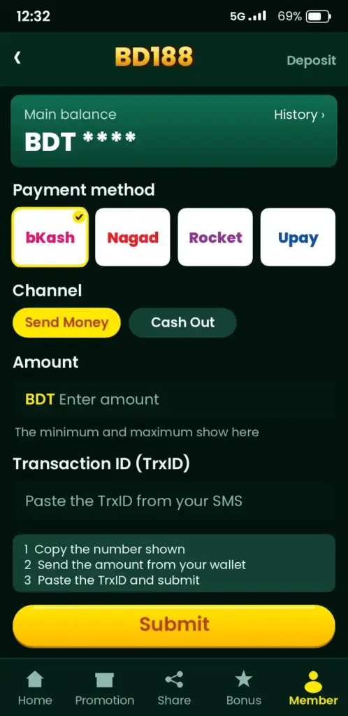 BD188 deposit screen with bKash, Nagad and Rocket payment methods