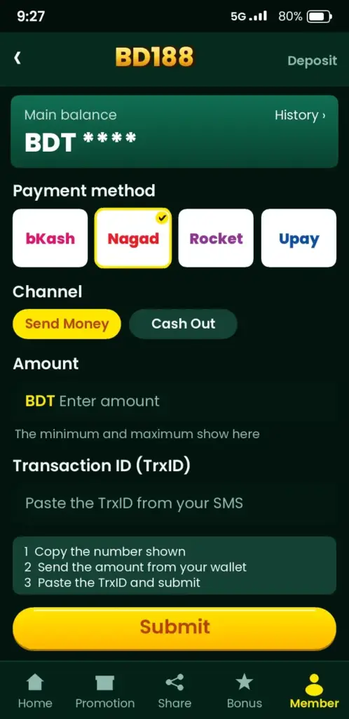 BD188 deposit screen with bKash, Nagad and Rocket payment methods