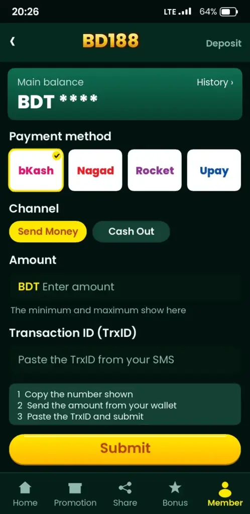 BD188 deposit screen with bKash, Nagad and Rocket payment methods