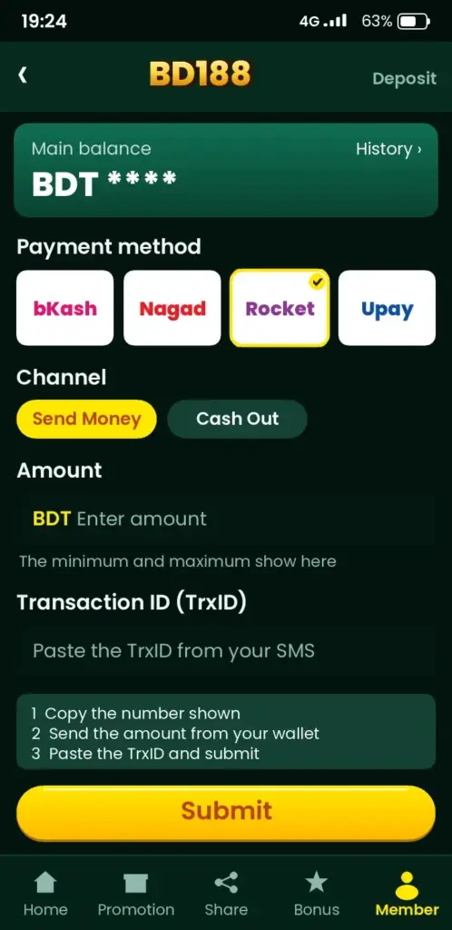BD188 deposit screen with bKash, Nagad and Rocket payment methods