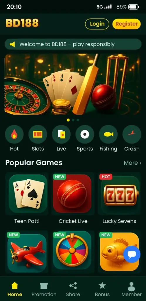 BD188 app game lobby with slots, live casino and crash games