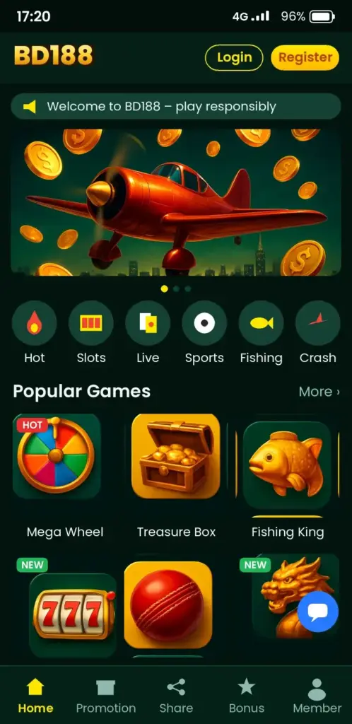 BD188 app game lobby with slots, live casino and crash games