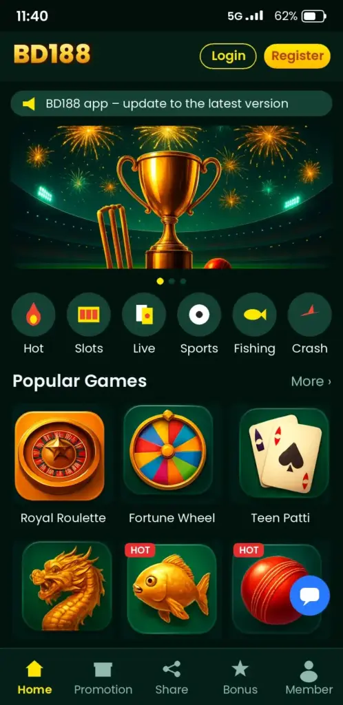 BD188 Slots – app game lobby with slots, live casino and crash games