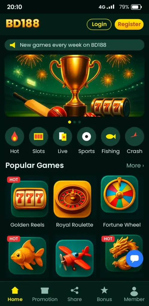 BD188 app game lobby with slots, live casino and crash games