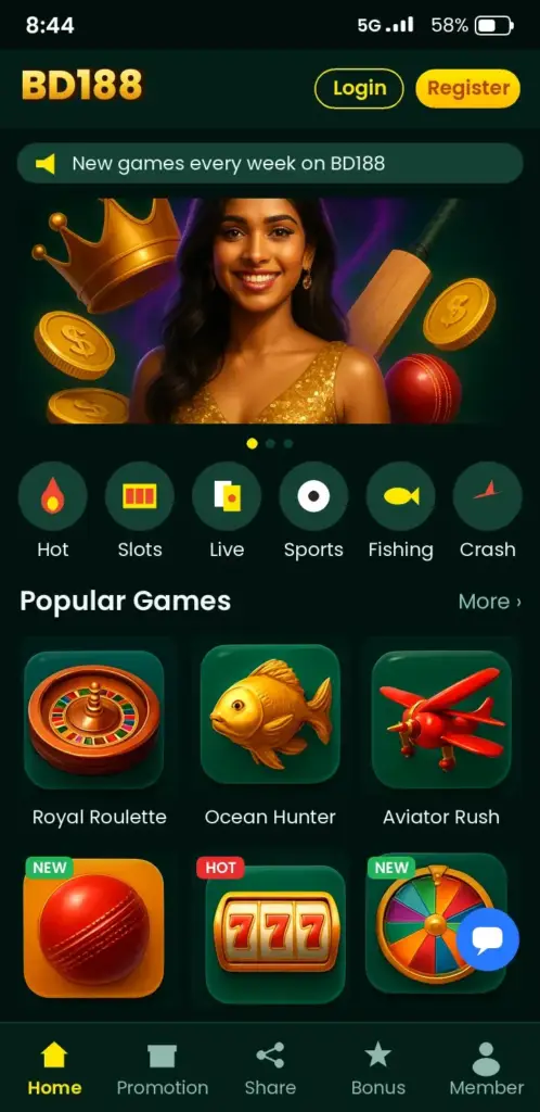 BD188 app game lobby with slots, live casino and crash games