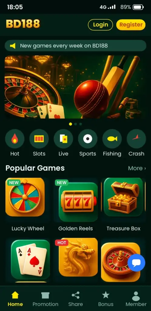 BD188 Aviator – app game lobby with slots, live casino and crash games