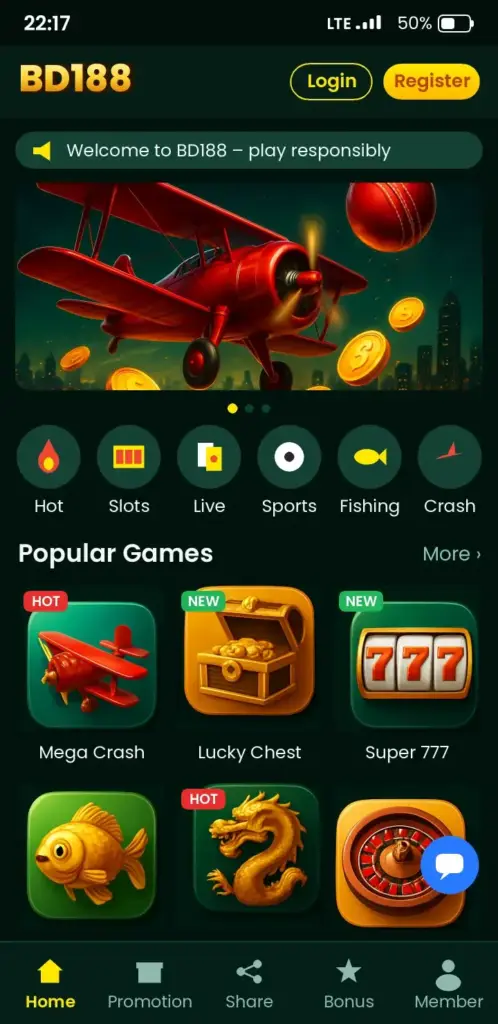 BD188 app game lobby with slots, live casino and crash games
