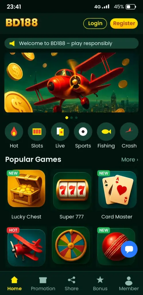 BD188 app game lobby with slots, live casino and crash games