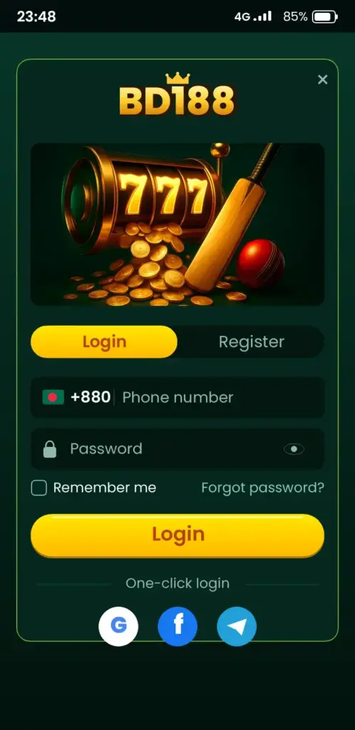 BD188 login screen in the app with phone number and password