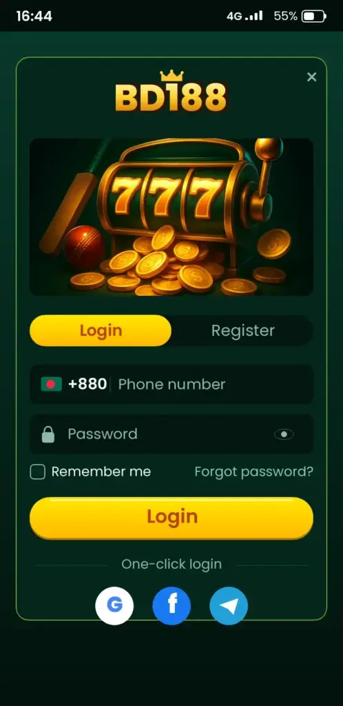 BD188 login screen in the app with phone number and password