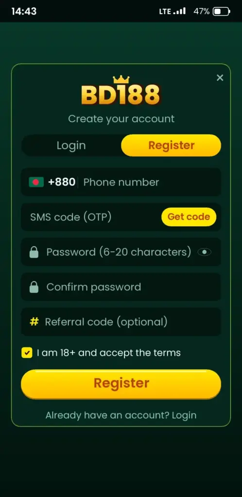 BD188 register screen – sign up with a Bangladesh phone number and OTP