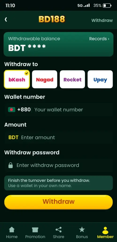 BD188 withdrawal screen – cash out to bKash, Nagad or Rocket